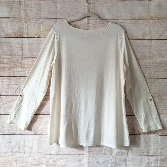 J.Jill Size 1X Button Shoulder Tee 3/4 Roll Tab Sleeve Scoop Neck Off White Top. - Picture 9 of 12